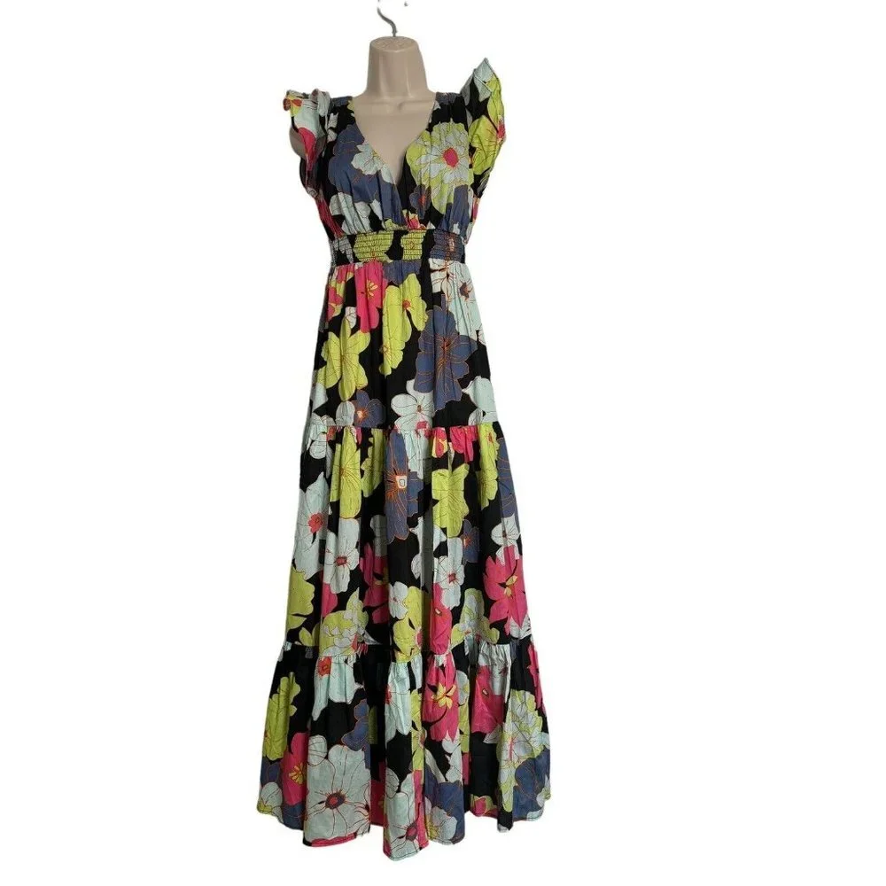 ModCloth Honolulu floral black ruffle cap sleeve tiered maxi dress Size XS  NEW - Picture 2 of 14